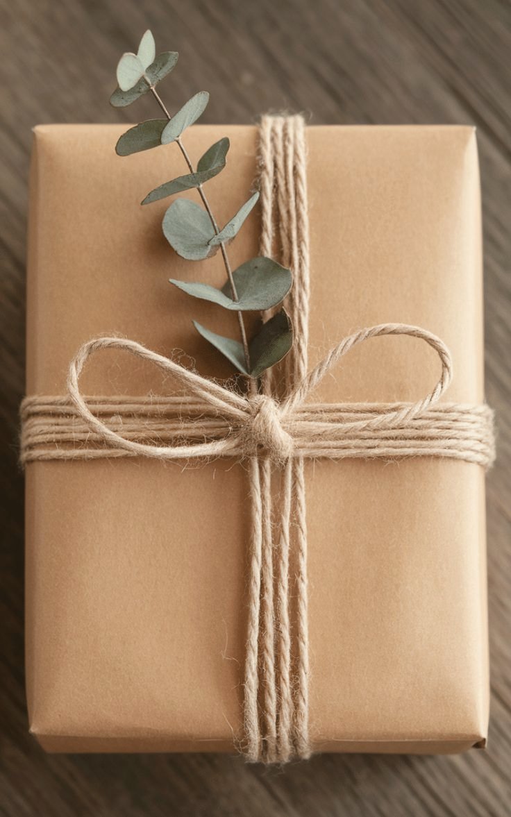 A kraft parcel tied with twine and eucalyptus